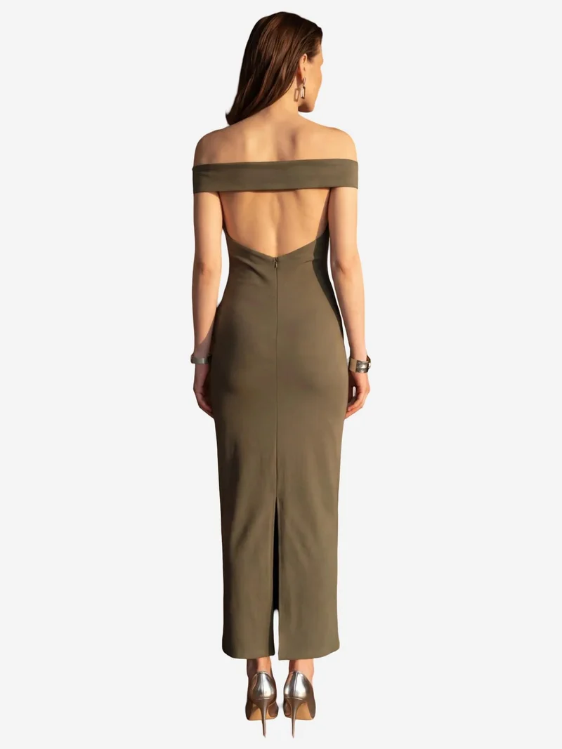 MY FASHION Khaki Green MY FASHION Off Shoulder Bodycon Maxi Dress with Slit for Women | Best Price UAE